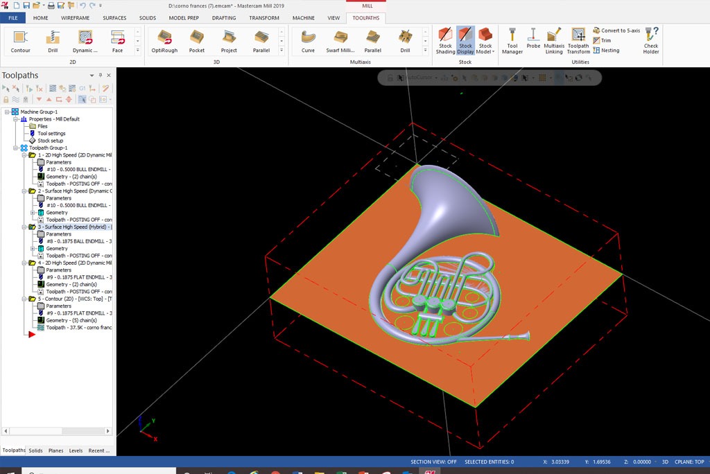 3D model of French horn in mastercam desktop view