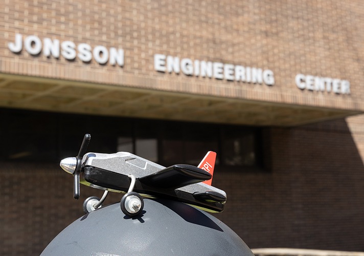 Plane prototyope in fron of RPI's Jonsson Engineering Center