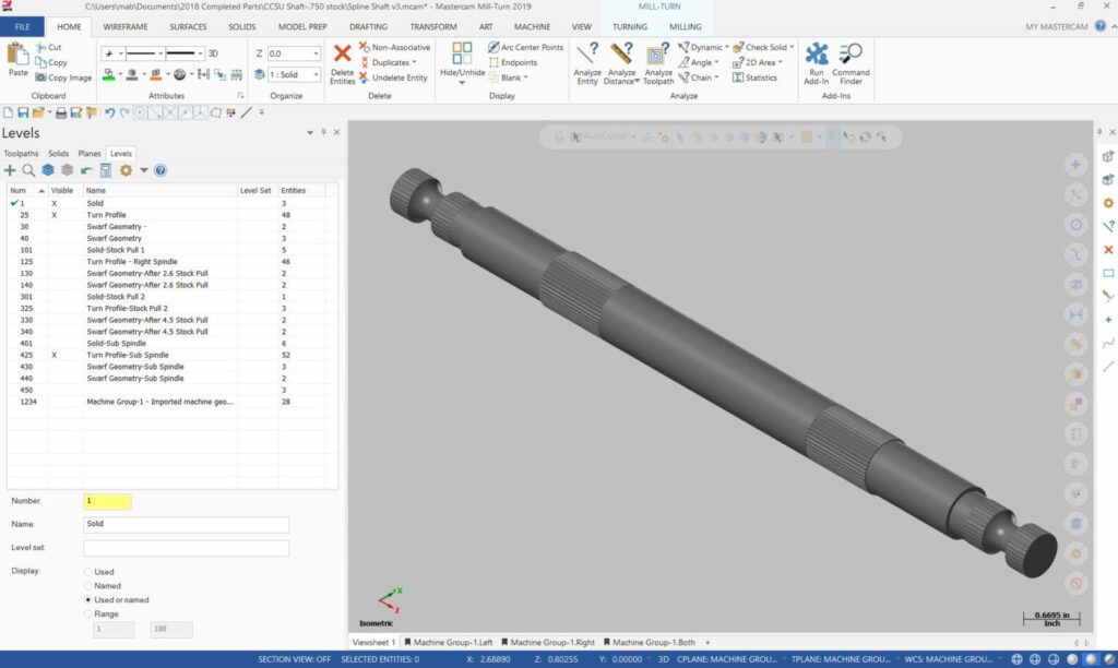 3D preview of shaft in Mastercam desktop software