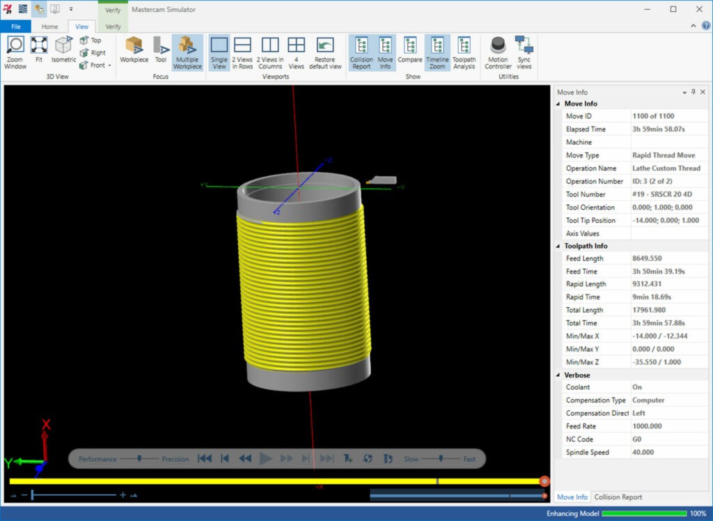 3D preview of Verify Hoist Drum in mastercam desktop software