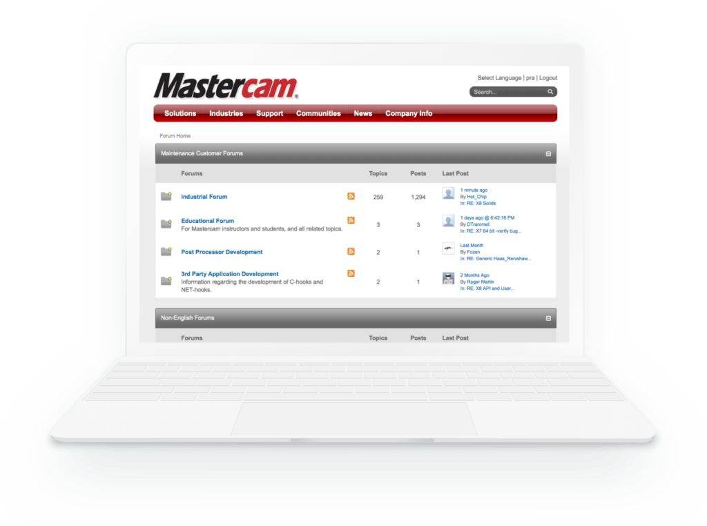 Mastercam forum loaded on a laptop