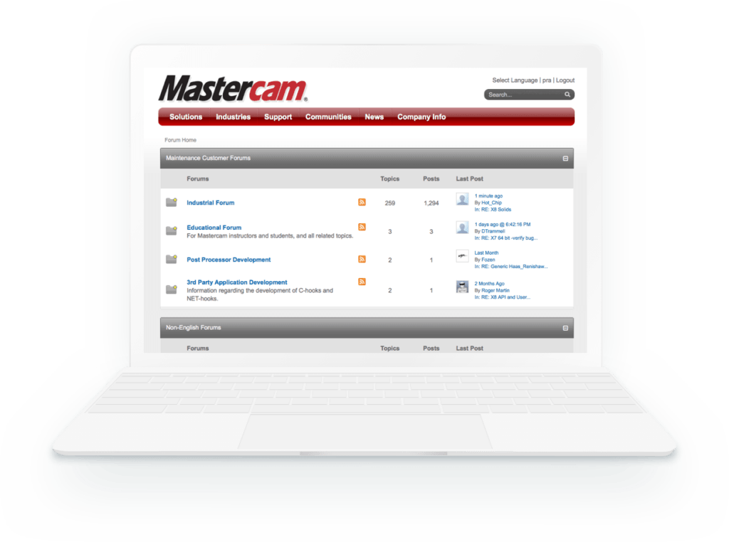 Mastercam forum loaded on a laptop