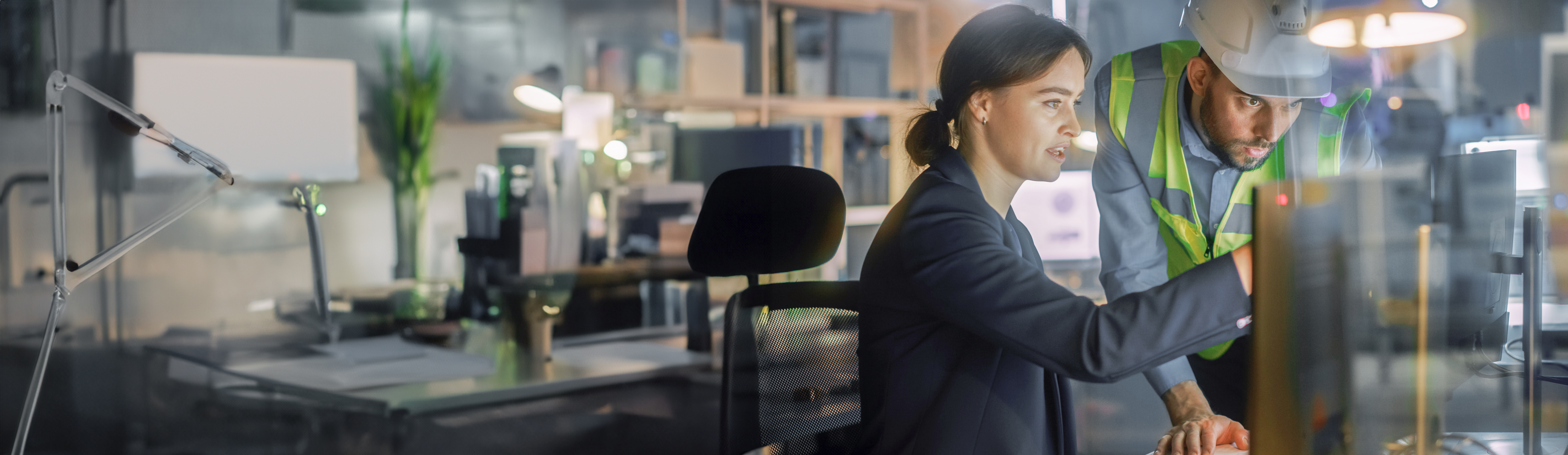 Woman working with an engineer in front of a computer